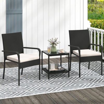 3 Piece Patio Furniture Set with Seat Cushions and Tempered Glass Tabletop