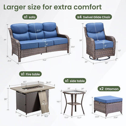 Luxury Patio Furniture Set with 6-Inch Thick Cushion, Outdoor Furniture with Fire Pit Table, Swivel Chairs, Sofa, Side Table, Ottomans, 9Pcs Wicker Conversation Set (Brown Wicker | Blue Cushion)