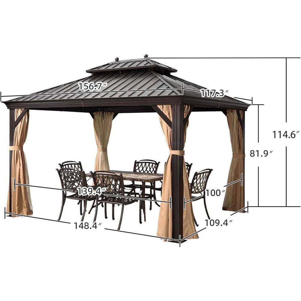 10 Ft.X13 Ft.Bronze Luxury Aluminum Frame Hardtop Gazebo for Patio Deck Backyard Netting Hooks Upgraded Curtain 24Lights