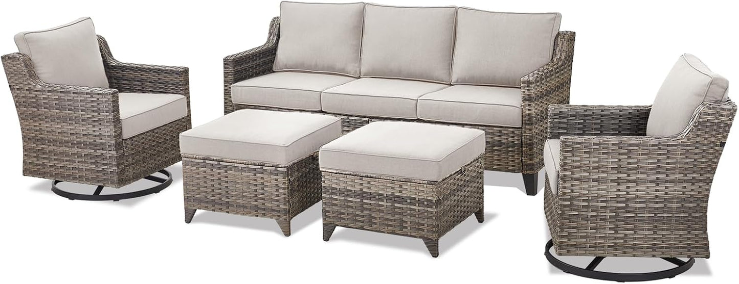 Outdoor Patio Furniture Set-5 Pieces All-Weather Wicker Outdoor Furniture with Swivel Patio Chairs Outdoor Patio Conversation Set for Garden Porch Deck Grey/Beige