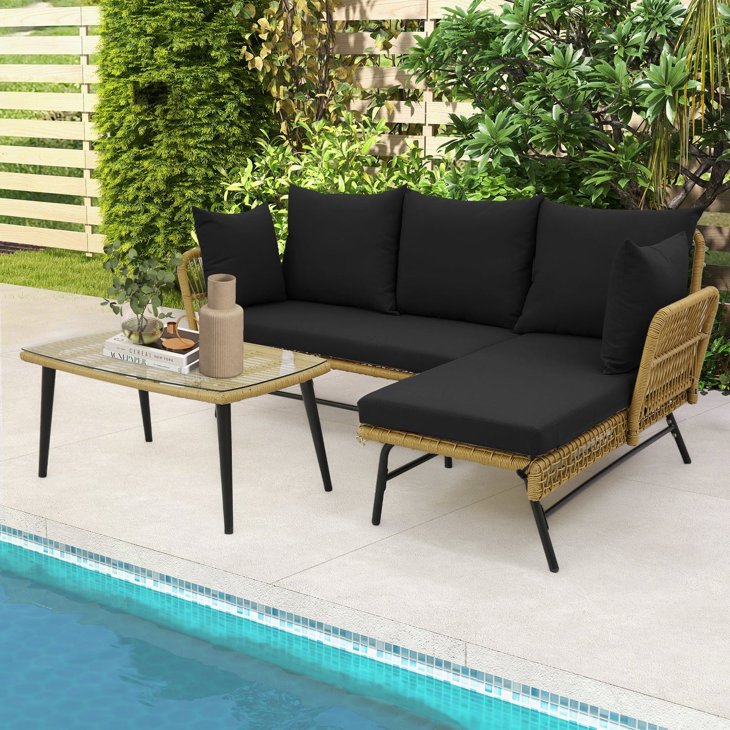 3 Pieces L-Shaped Patio Sofa with Cushions and Tempered Glass Table