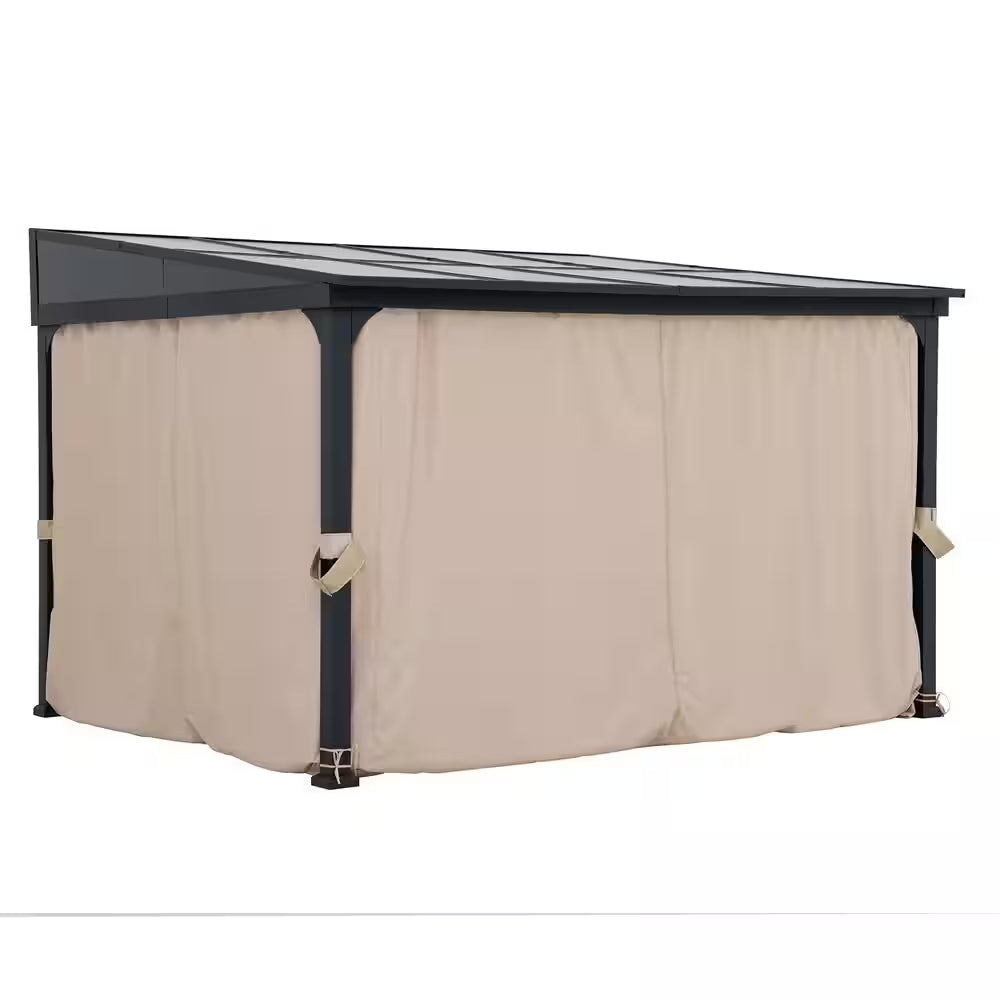 10 Ft. X 12 Ft. Polycarbonate Roof Wall-Mounted Pergola Aluminum and Metal Frame Lean to Gazebo with Curtain and Netting