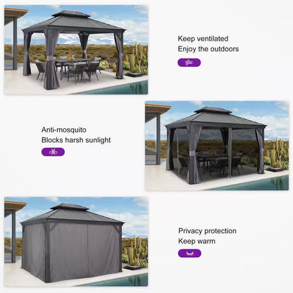 10 Ft. X 12 Ft. Gray Aluminum Frame Patio Outdoor Hardtop Gazebo for Backyard, Hooks, Netting Upgraded Curtain 24-Lights