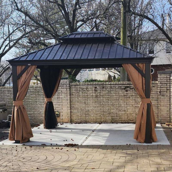 10 Ft.X13 Ft.Bronze Luxury Aluminum Frame Hardtop Gazebo for Patio Deck Backyard Netting Hooks Upgraded Curtain 24Lights