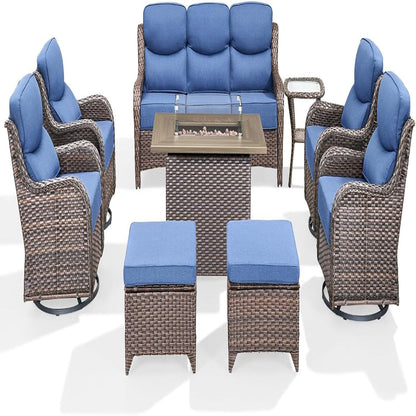 Luxury Patio Furniture Set with 6-Inch Thick Cushion, Outdoor Furniture with Fire Pit Table, Swivel Chairs, Sofa, Side Table, Ottomans, 9Pcs Wicker Conversation Set (Brown Wicker | Blue Cushion)