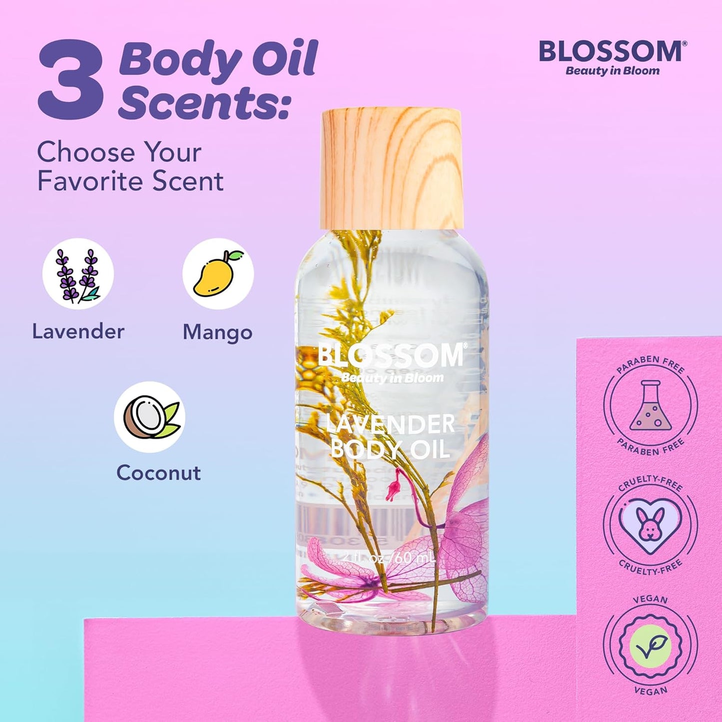 Dry Body Oil with Real Flowers, Purple, Lavender, 2 Fl Oz (60 Ml) | Scented Body Oils for Women Moisturizing and Hydrating Skincare, Vanilla, for Men Mens Cocoa Butter, Carrier, for Essential