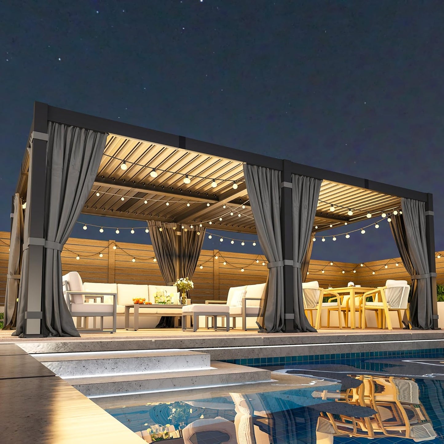 12' X 20' Louvered Pergola, Outdoor Pergola with Curtains & Netting, Aluminum Frame Patio Pergola with Adjustable Louvers Roof & Gutter System, Hardtop Gazebo for Patio, Deck, Garden, Yard, Dark Gray