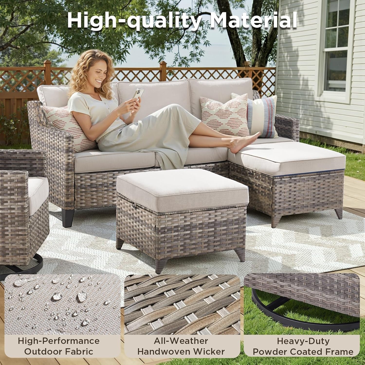 Outdoor Patio Furniture Set-5 Pieces All-Weather Wicker Outdoor Furniture with Swivel Patio Chairs Outdoor Patio Conversation Set for Garden Porch Deck Grey/Beige