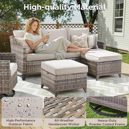 Outdoor Patio Furniture Set-5 Pieces All-Weather Wicker Outdoor Furniture with Swivel Patio Chairs Outdoor Patio Conversation Set for Garden Porch Deck Grey/Beige