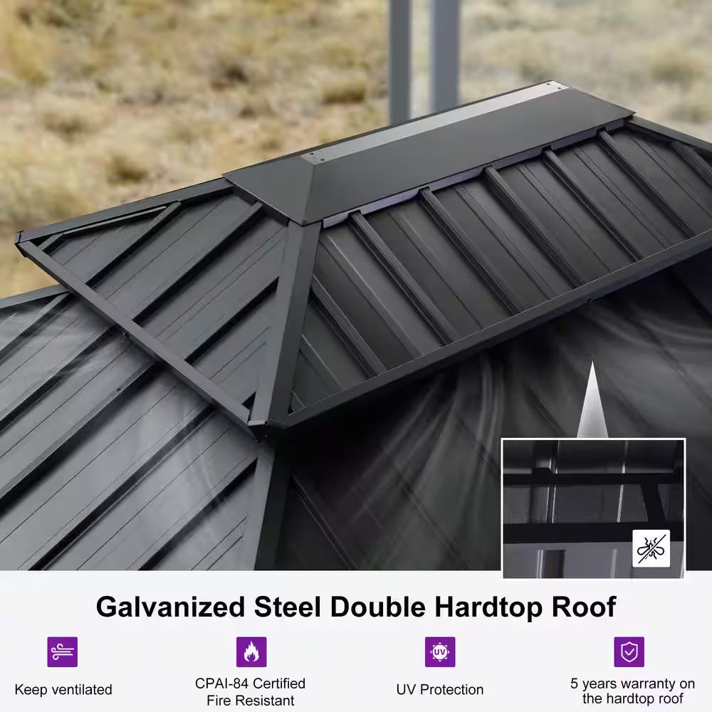 10 Ft. X 12 Ft. Gray Aluminum Frame Patio Outdoor Hardtop Gazebo for Backyard, Hooks, Netting Upgraded Curtain 24-Lights