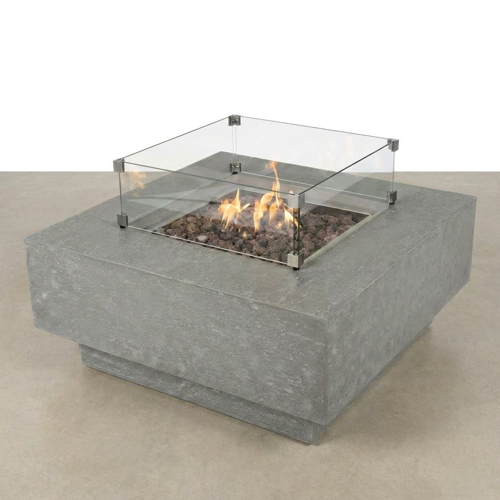 Manhattan Outdoor Fire Pit 36 In. X 36 In. Square Concrete Propane Fire Table with Lava Rocks and Cover — Studio Shot