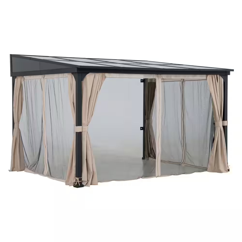 10 Ft. X 12 Ft. Polycarbonate Roof Wall-Mounted Pergola Aluminum and Metal Frame Lean to Gazebo with Curtain and Netting