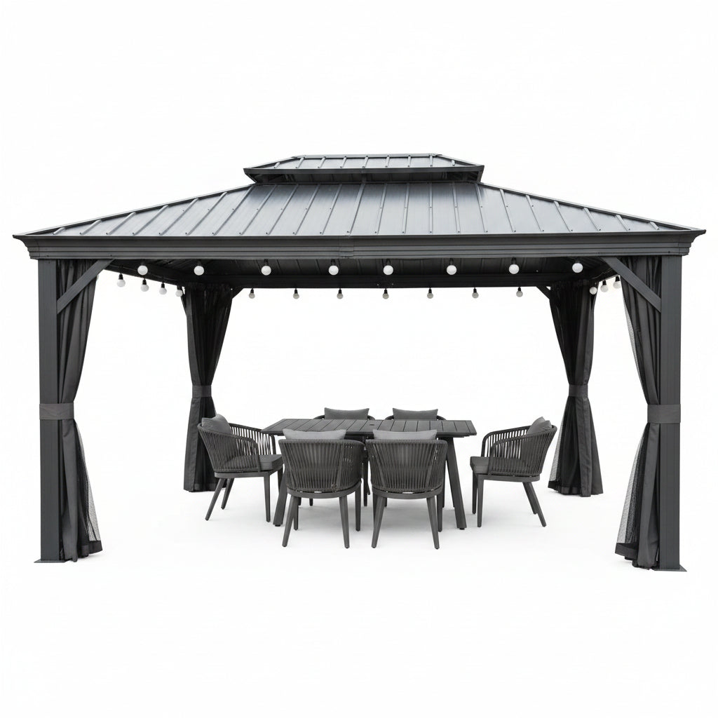 10 Ft. X 12 Ft. Gray Aluminum Frame Patio Outdoor Hardtop Gazebo for Backyard, Hooks, Netting Upgraded Curtain 24-Lights
