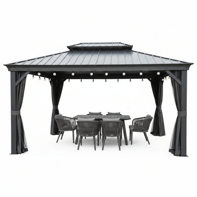 10 Ft. X 12 Ft. Gray Aluminum Frame Patio Outdoor Hardtop Gazebo for Backyard, Hooks, Netting Upgraded Curtain 24-Lights
