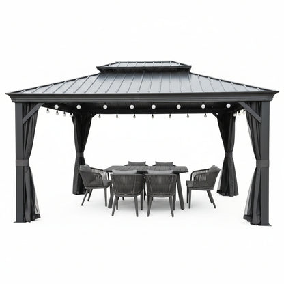 10 Ft. X 12 Ft. Gray Aluminum Frame Patio Outdoor Hardtop Gazebo for Backyard, Hooks, Netting Upgraded Curtain 24-Lights