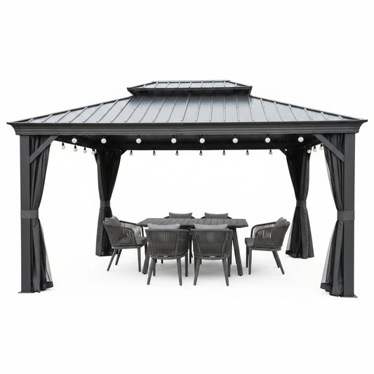 10 Ft. X 12 Ft. Gray Aluminum Frame Patio Outdoor Hardtop Gazebo for Backyard, Hooks, Netting Upgraded Curtain 24-Lights