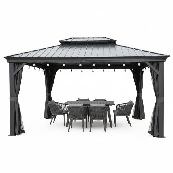 10 Ft. X 12 Ft. Gray Aluminum Frame Patio Outdoor Hardtop Gazebo for Backyard, Hooks, Netting Upgraded Curtain 24-Lights