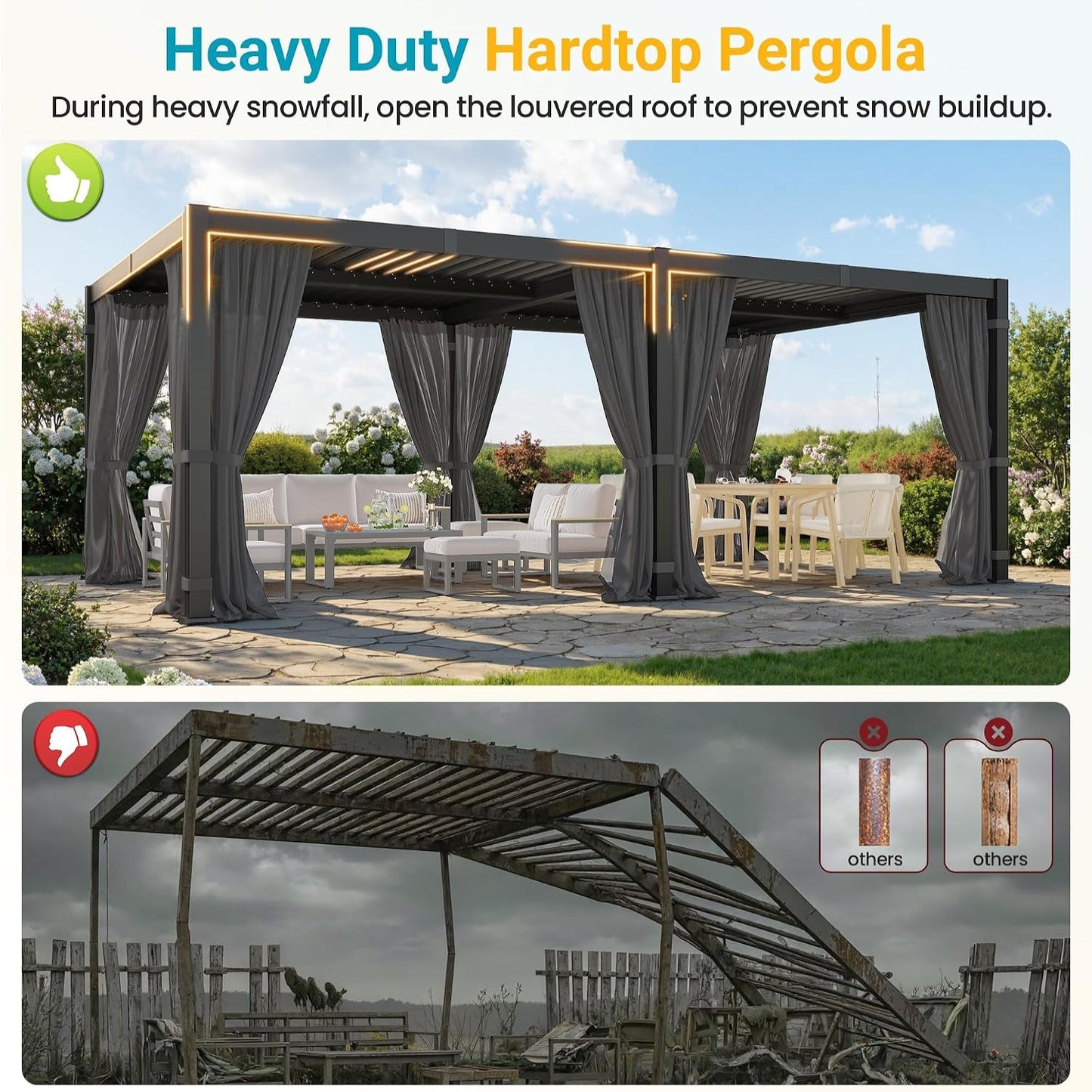 12' X 20' Louvered Pergola, Outdoor Pergola with Curtains & Netting, Aluminum Frame Patio Pergola with Adjustable Louvers Roof & Gutter System, Hardtop Gazebo for Patio, Deck, Garden, Yard, Dark Gray