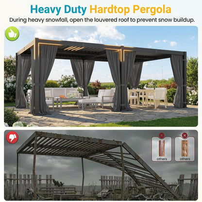 12' X 20' Louvered Pergola, Outdoor Pergola with Curtains & Netting, Aluminum Frame Patio Pergola with Adjustable Louvers Roof & Gutter System, Hardtop Gazebo for Patio, Deck, Garden, Yard, Dark Gray