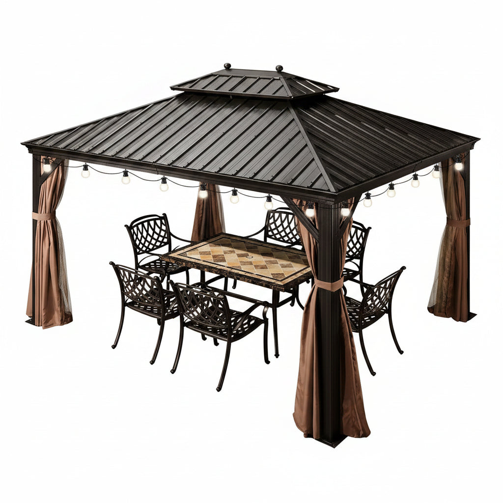 10 Ft.X13 Ft.Bronze Luxury Aluminum Frame Hardtop Gazebo for Patio Deck Backyard Netting Hooks Upgraded Curtain 24Lights