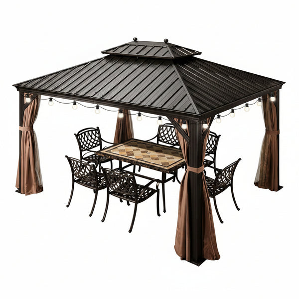 10 Ft.X13 Ft.Bronze Luxury Aluminum Frame Hardtop Gazebo for Patio Deck Backyard Netting Hooks Upgraded Curtain 24Lights