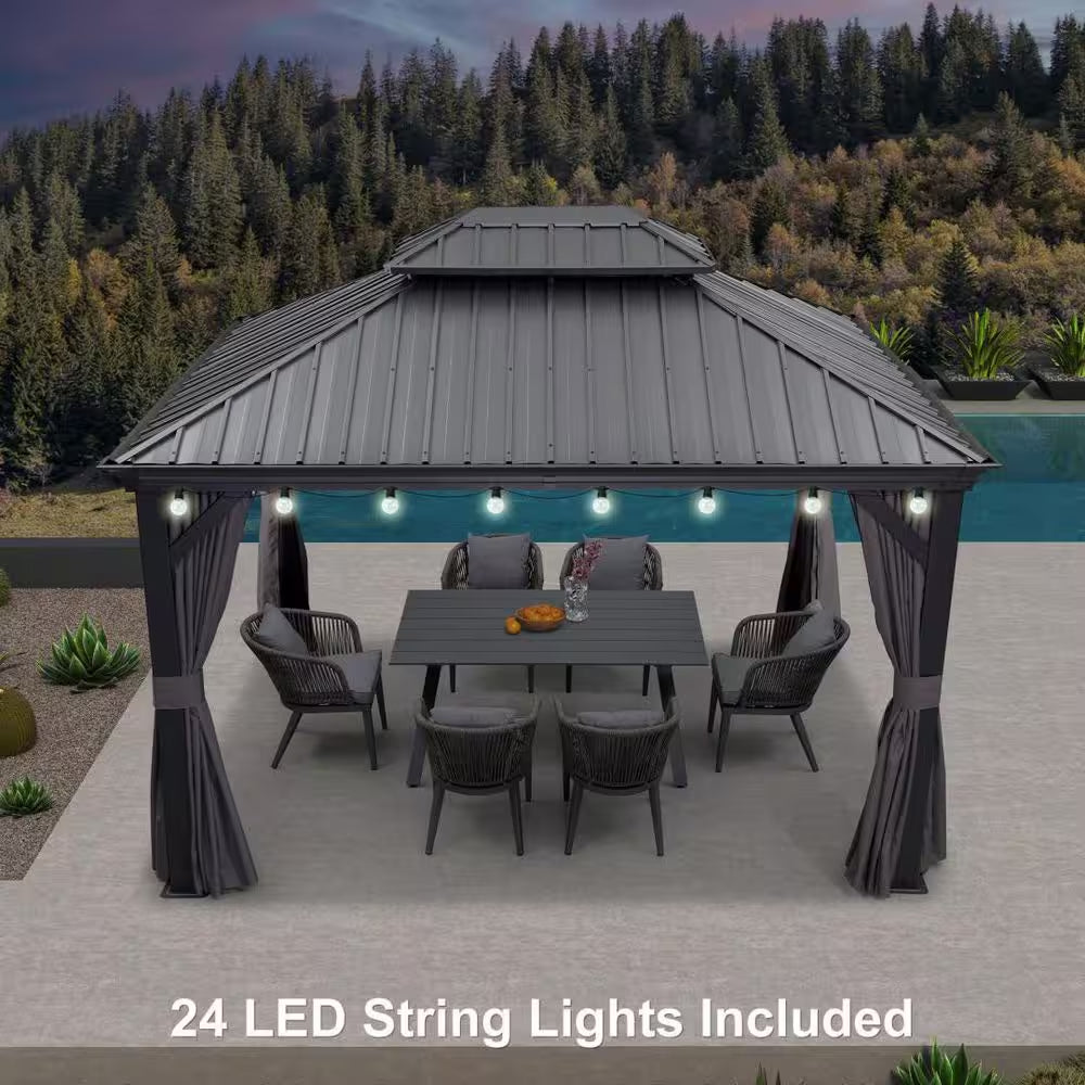 10 Ft. X 12 Ft. Gray Aluminum Frame Patio Outdoor Hardtop Gazebo for Backyard, Hooks, Netting Upgraded Curtain 24-Lights