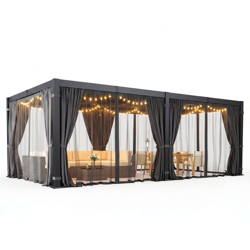 12' X 20' Louvered Pergola, Outdoor Pergola with Curtains & Netting, Aluminum Frame Patio Pergola with Adjustable Louvers Roof & Gutter System, Hardtop Gazebo for Patio, Deck, Garden, Yard, Dark Gray