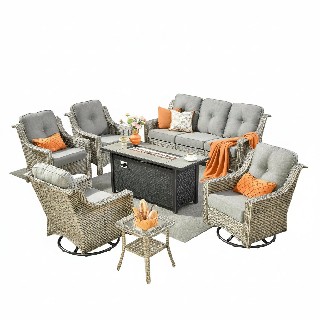7 PCS Outdoor Patio Furniture Set with Fire Pit Table and Swivel Rocking Chairs,Patio Seating outside Sofa and Chair Set,All Weather Wicker Outdoor Conversation Sets for Yard Porch Deck,Dark Grey