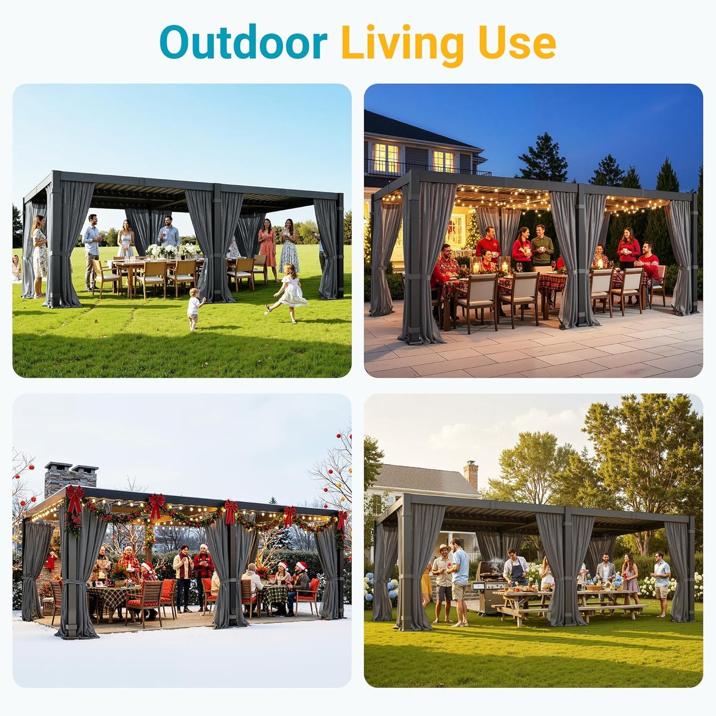 12' X 20' Louvered Pergola, Outdoor Pergola with Curtains & Netting, Aluminum Frame Patio Pergola with Adjustable Louvers Roof & Gutter System, Hardtop Gazebo for Patio, Deck, Garden, Yard, Dark Gray