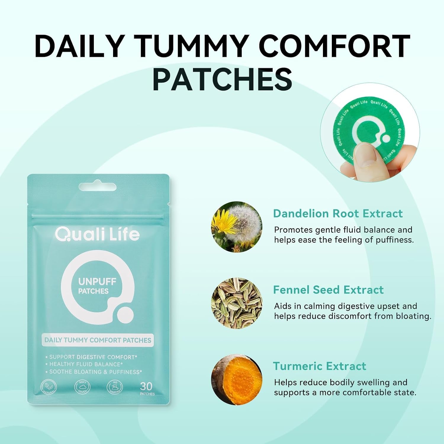 Unpuff Patches for Water Retention & Digestive Support - 30 Patches | Wellness Patch with Dandelion, Fennel, Artichoke, Ginger & Turmeric, Natural Herbal Support