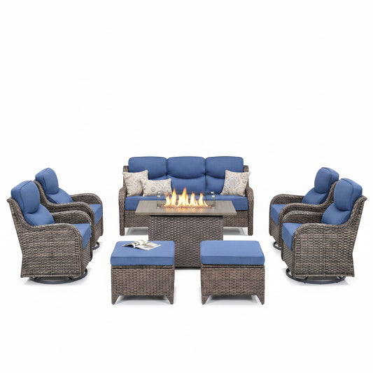 Luxury Patio Furniture Set with 6-Inch Thick Cushion, Outdoor Furniture with Fire Pit Table, Swivel Chairs, Sofa, Side Table, Ottomans, 9Pcs Wicker Conversation Set (Brown Wicker | Blue Cushion)