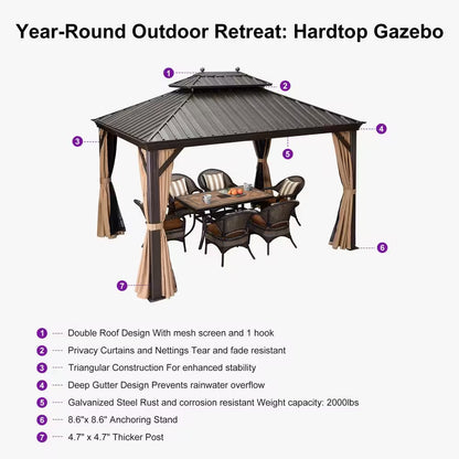10 Ft.X13 Ft.Bronze Luxury Aluminum Frame Hardtop Gazebo for Patio Deck Backyard Netting Hooks Upgraded Curtain 24Lights