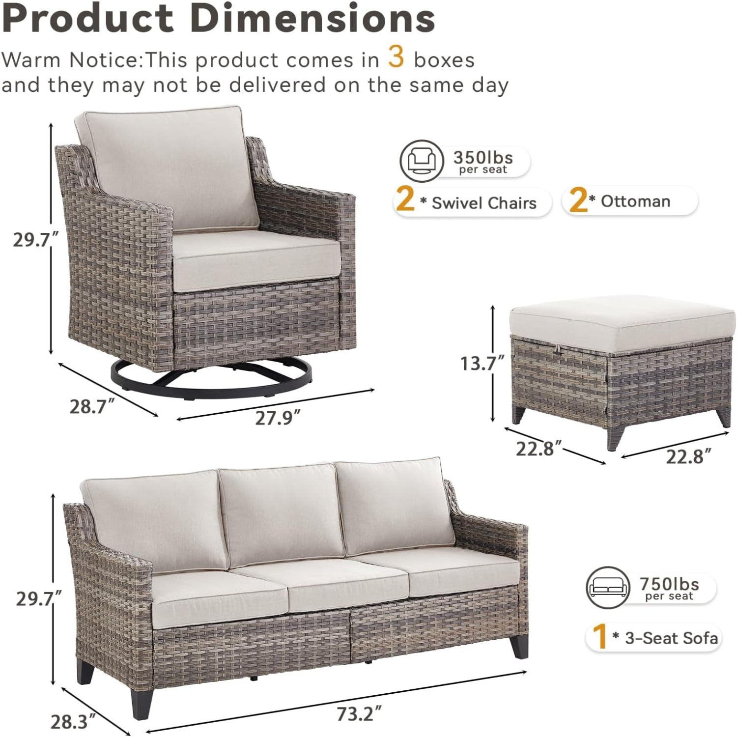Outdoor Patio Furniture Set-5 Pieces All-Weather Wicker Outdoor Furniture with Swivel Patio Chairs Outdoor Patio Conversation Set for Garden Porch Deck Grey/Beige
