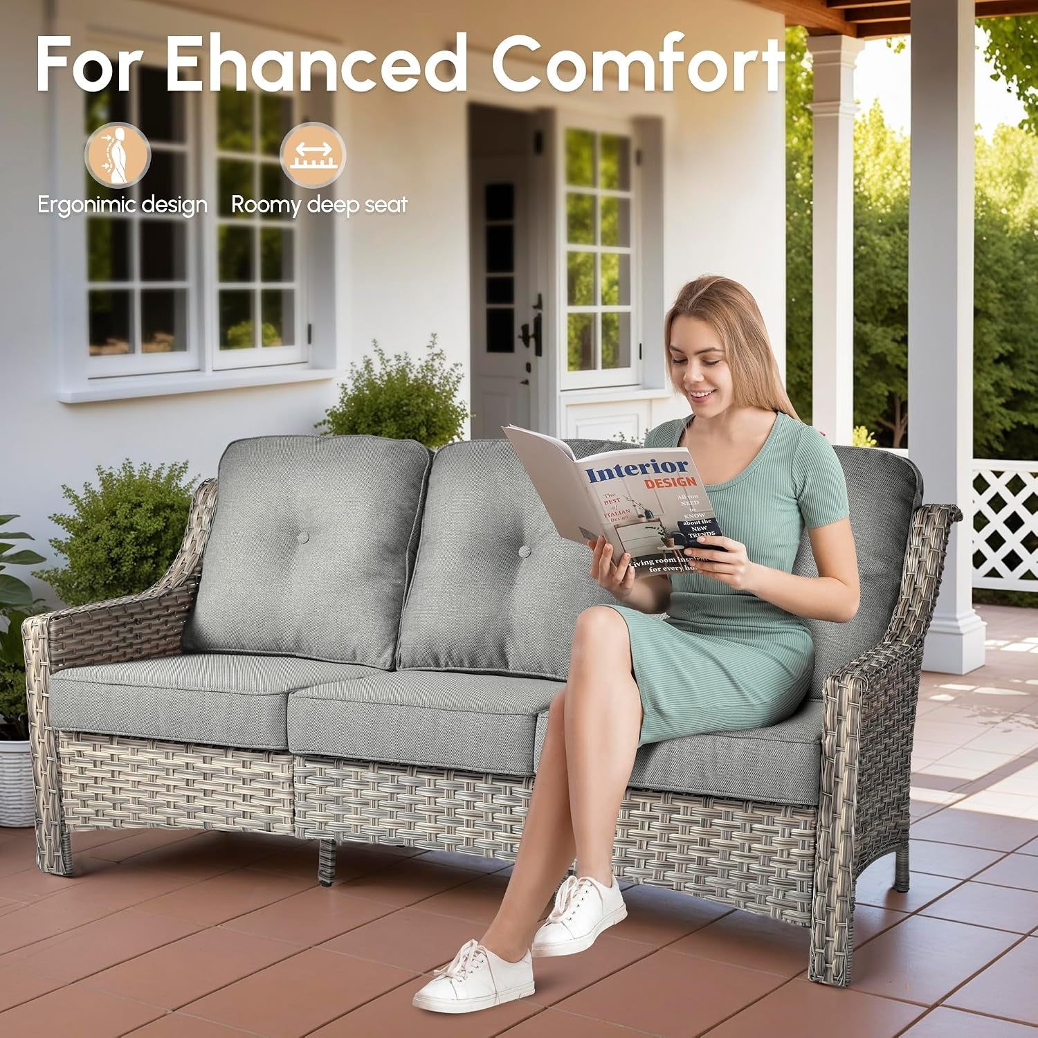 7 PCS Outdoor Patio Furniture Set with Fire Pit Table and Swivel Rocking Chairs,Patio Seating outside Sofa and Chair Set,All Weather Wicker Outdoor Conversation Sets for Yard Porch Deck,Dark Grey